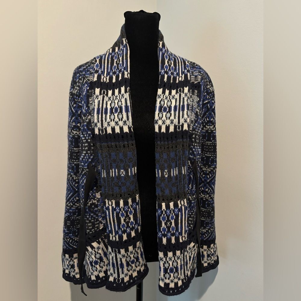 ODD MOLLY Boho Scandi Blue Black Wool Shawl Collar Embroidered Knit Cardigan M - Picture 6 of 12